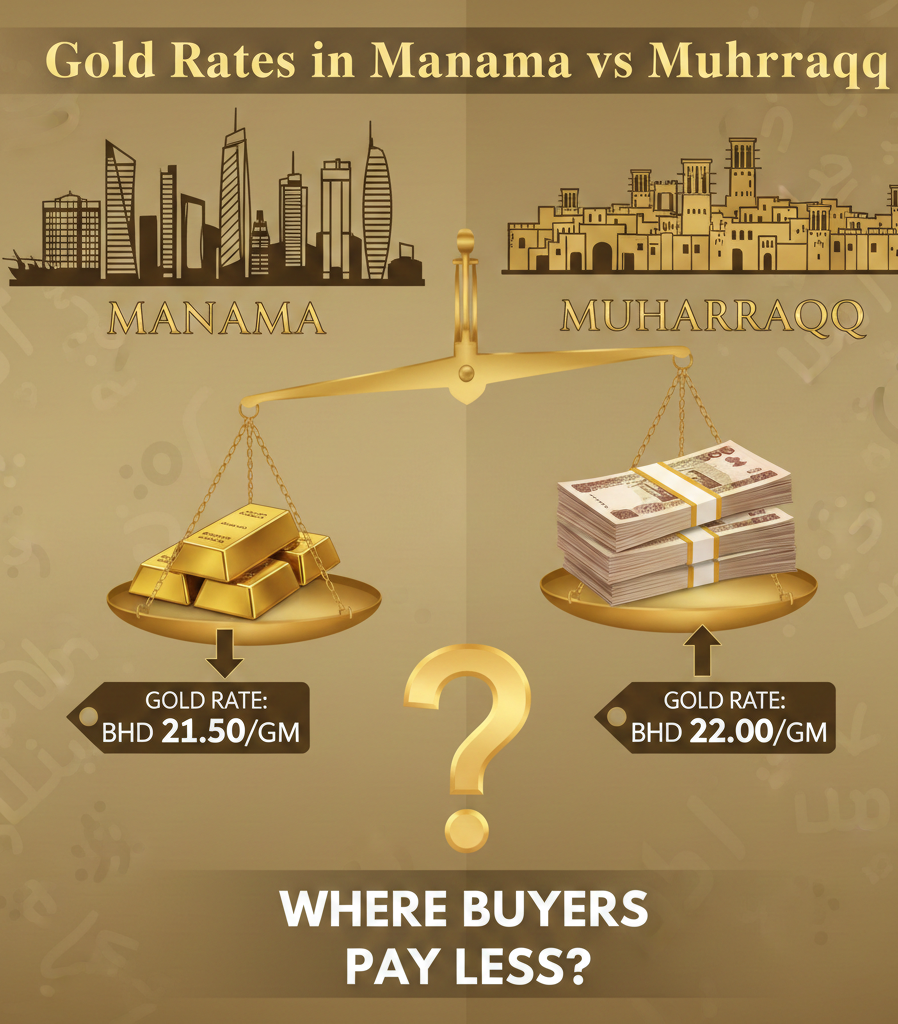 Gold rates in Manama vs Muharraq comparison showing where buyers pay less for gold in Bahrain
